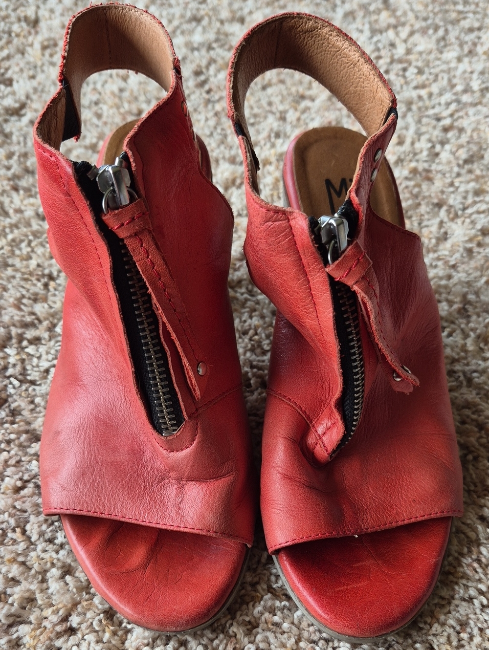 Miz Mooz Red Leather Zip-Front Peep-Toe Sandals